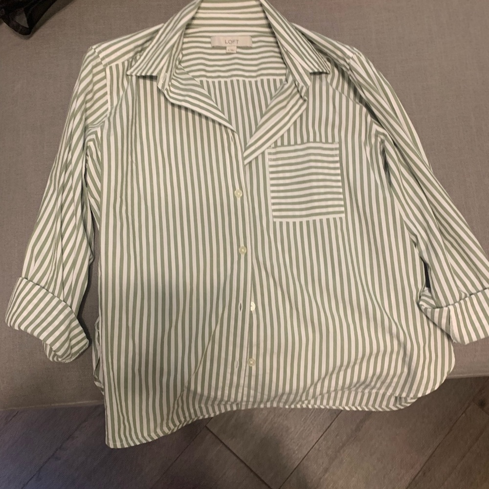 LOFT Sage Green and White Striped Button-Down Shirt